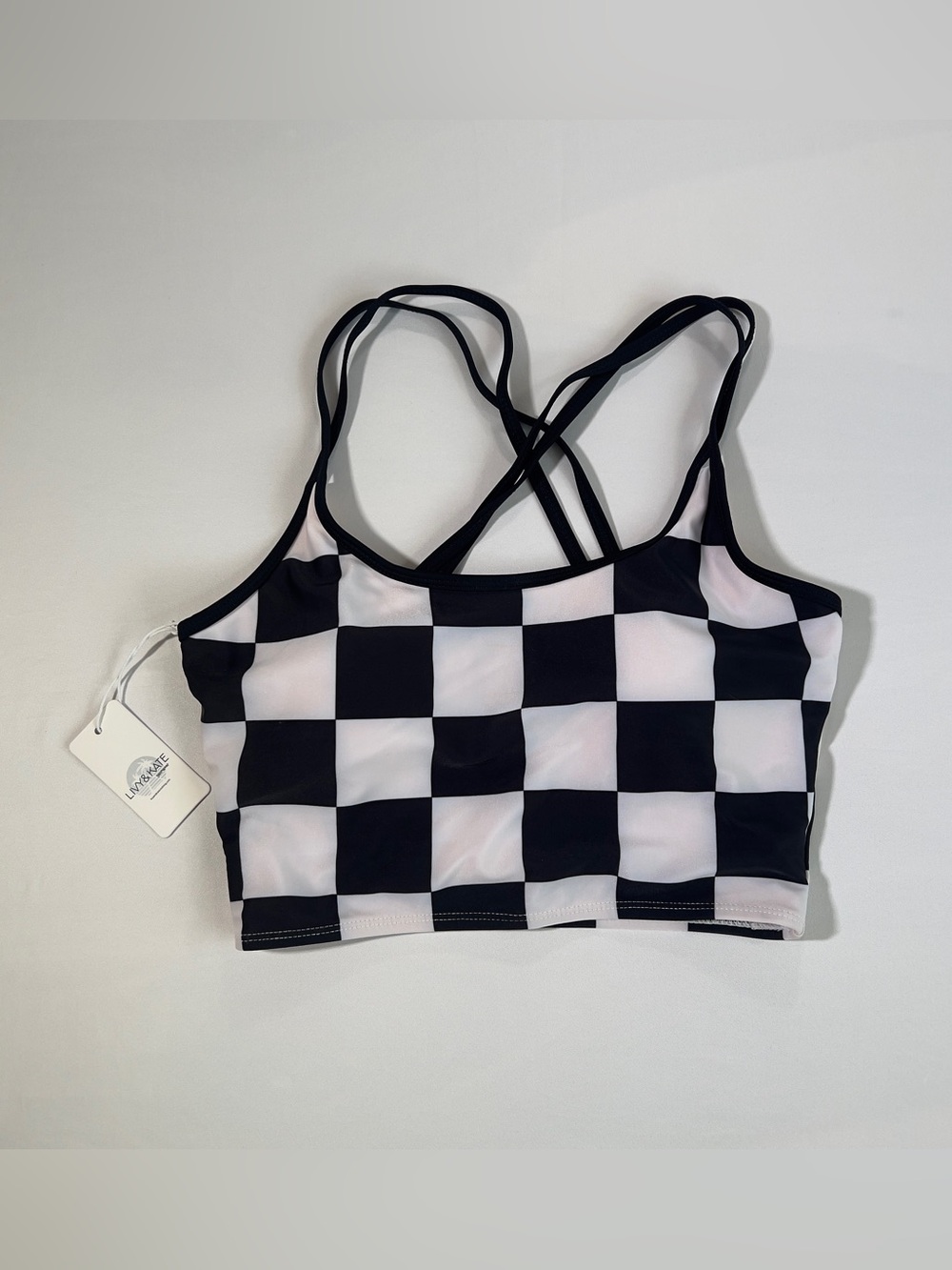 Checkerboard Strappy Bikini Top — Black & White